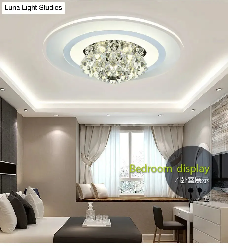 18"/23.5" LED Round Flush Light Fixture - Elegant White Crystal Flush Mount Lighting for Living Room in Warm/White Light
