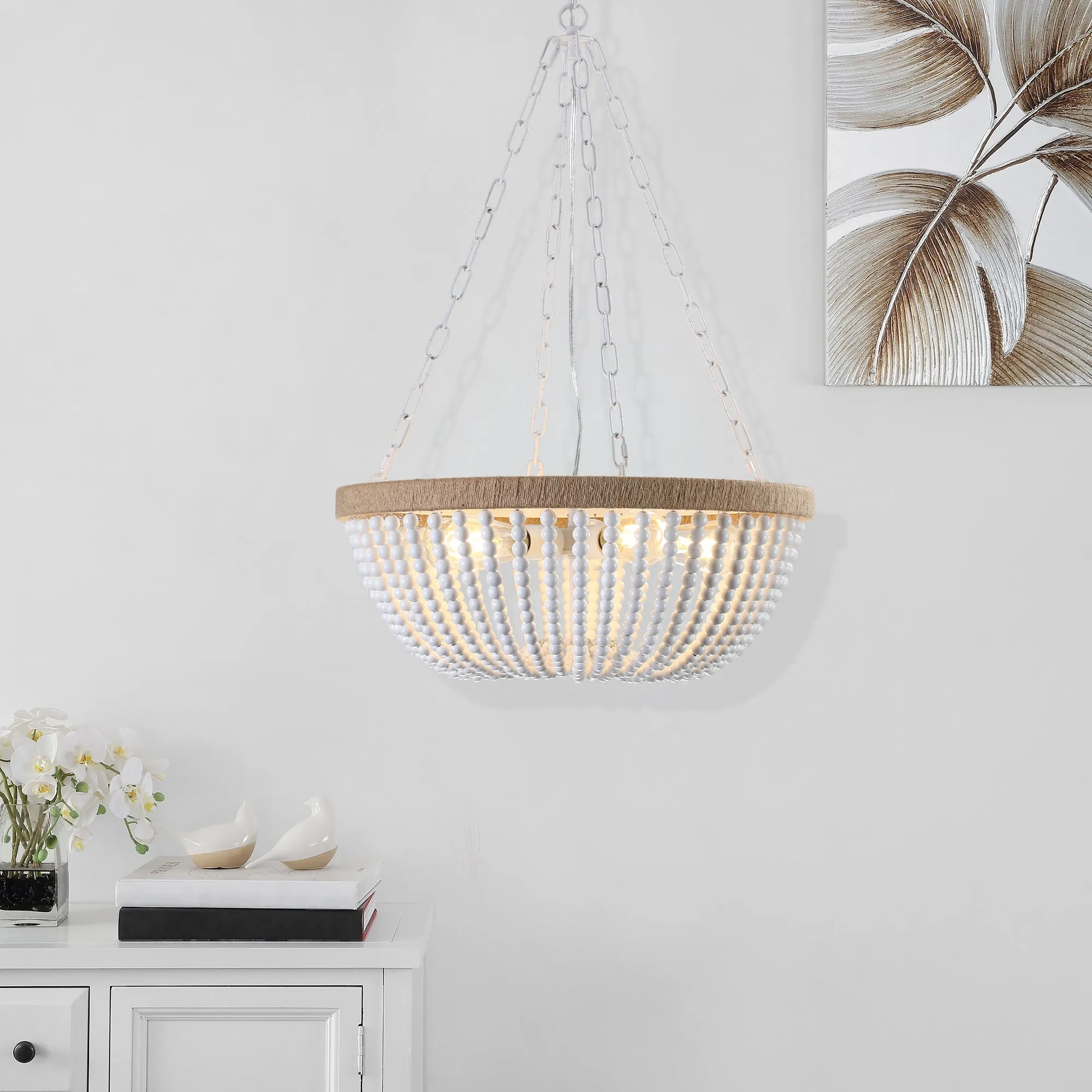 23.6" Bohemian Style Wood Bead Chandelier Oak White Chain Chandelier Farmhouse Cage Chandelier