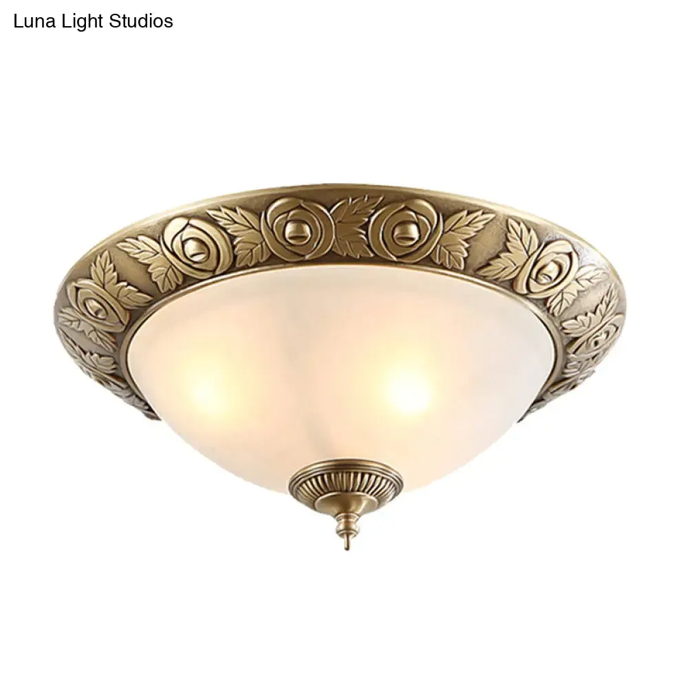Antiqued Milky Glass Bedroom Ceiling Light with Brass Flush Mount - 2/3-Head - Available in 12", 16", and 19" Widths
