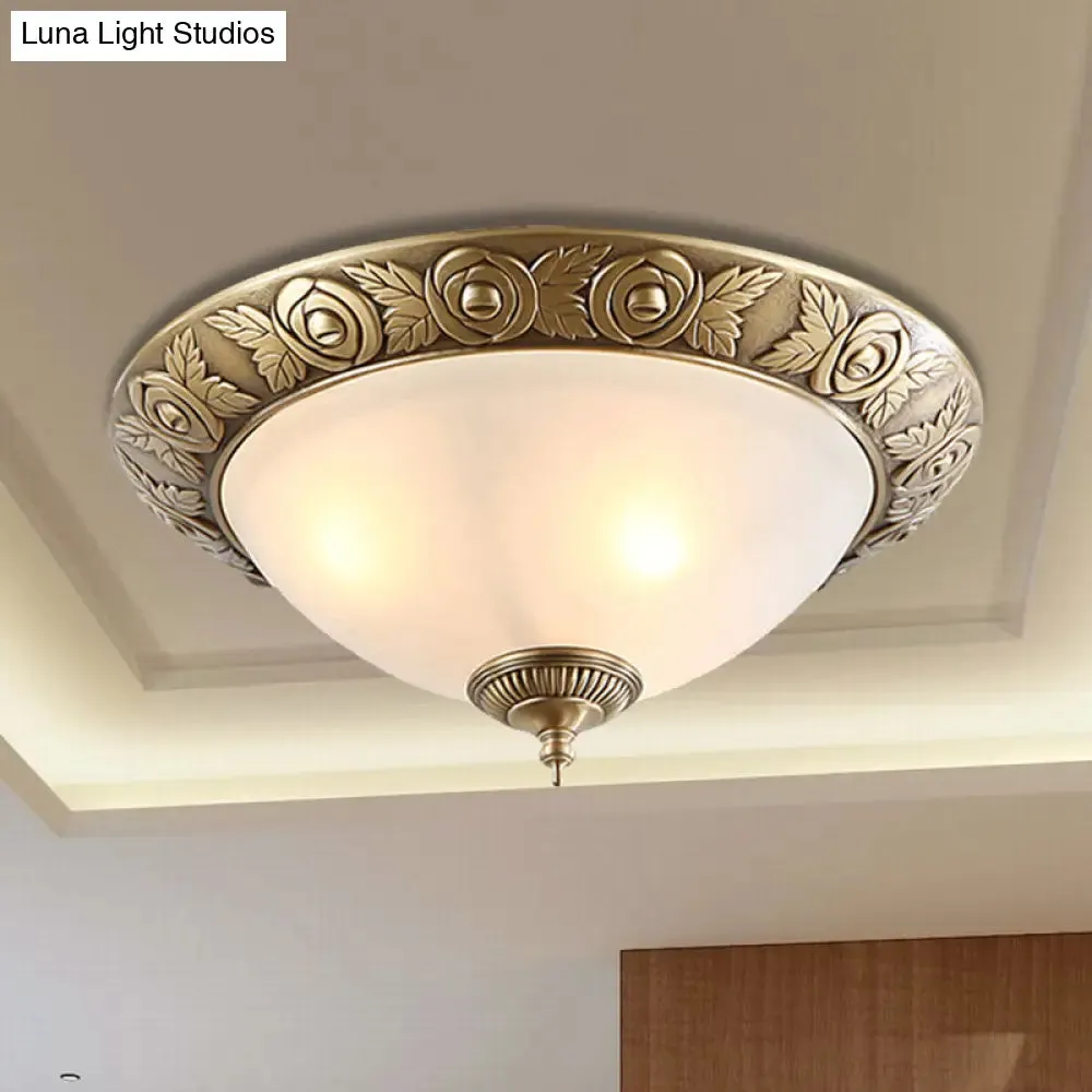 Antiqued Milky Glass Bedroom Ceiling Light with Brass Flush Mount - 2/3-Head - Available in 12", 16", and 19" Widths