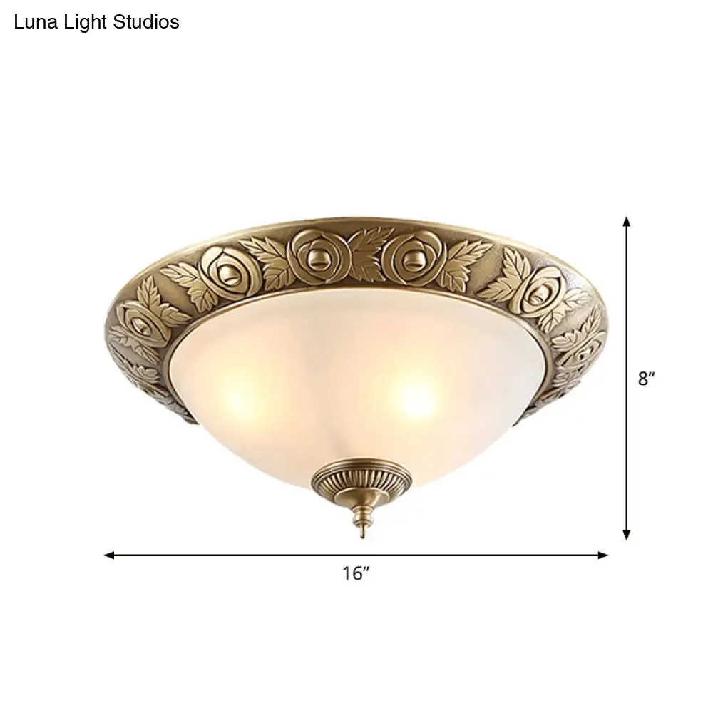 Antiqued Milky Glass Bedroom Ceiling Light with Brass Flush Mount - 2/3-Head - Available in 12", 16", and 19" Widths