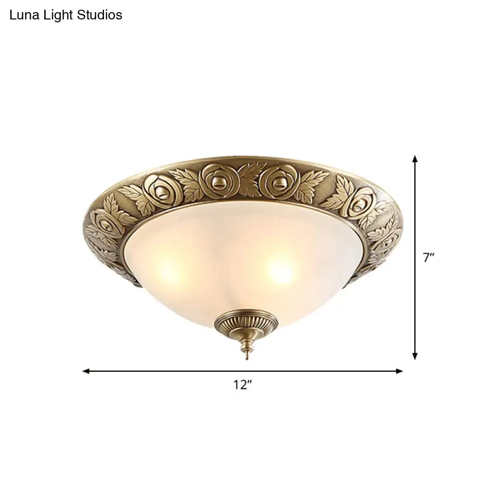 Antiqued Milky Glass Bedroom Ceiling Light with Brass Flush Mount - 2/3-Head - Available in 12", 16", and 19" Widths