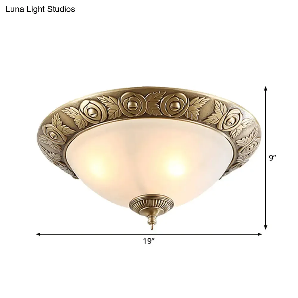 Antiqued Milky Glass Bedroom Ceiling Light with Brass Flush Mount - 2/3-Head - Available in 12", 16", and 19" Widths
