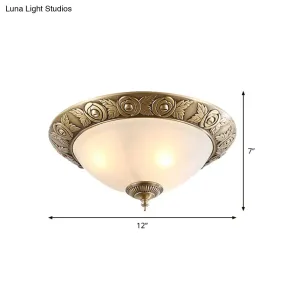 Antiqued Milky Glass Bedroom Ceiling Light with Brass Flush Mount - 2/3-Head - Available in 12", 16", and 19" Widths