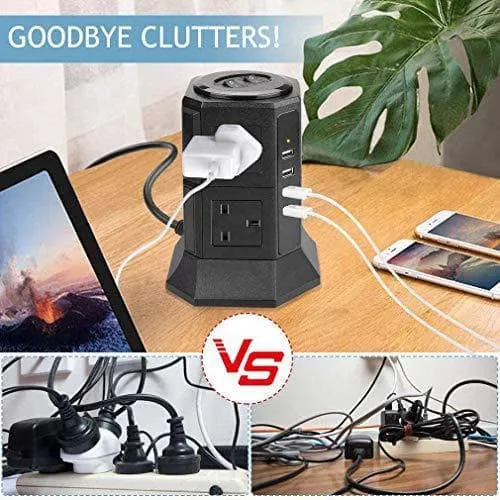 BEPiTECH Power Extension Cord, 8-Power Socket 10 Ampere with 4 USB Charger Station, Office Supplies Protected Extension Cable, Fire Retardant Multi-Plug Tower, Switched Power Strip (black)
