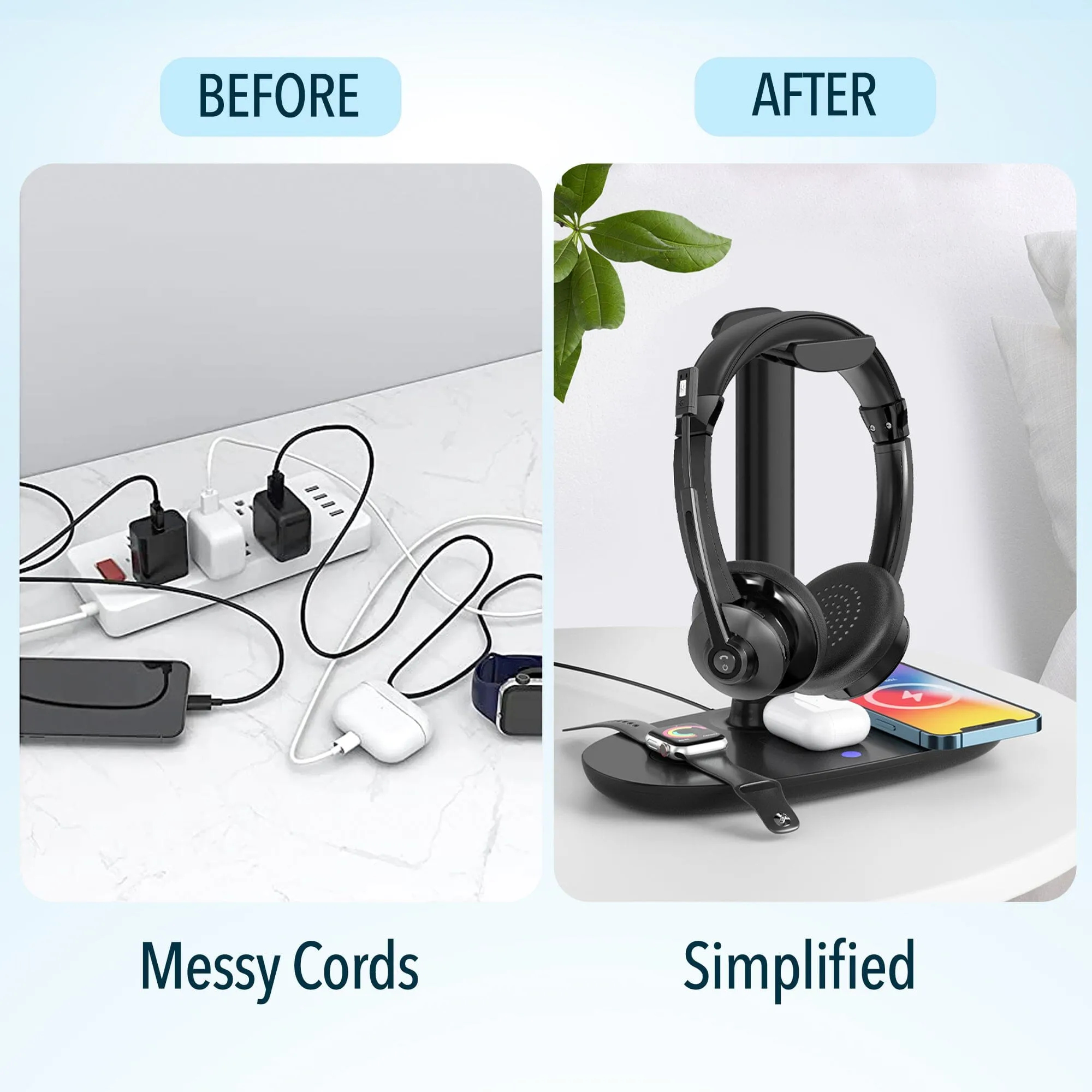 Delton 30X Bluetooth Headset and 3-in-1 Wireless Charging Station with Headset Holder