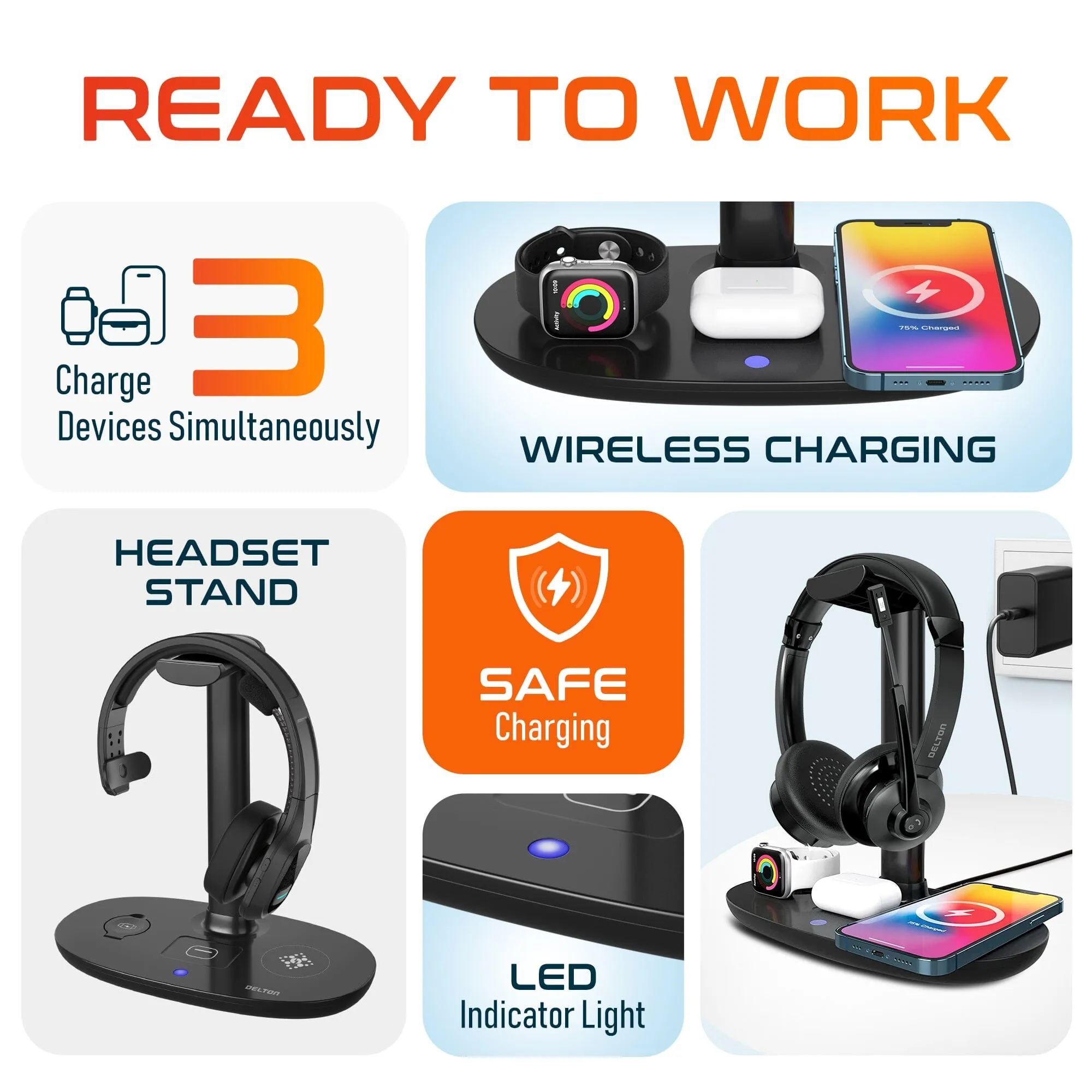 Delton 30X Bluetooth Headset and 3-in-1 Wireless Charging Station with Headset Holder