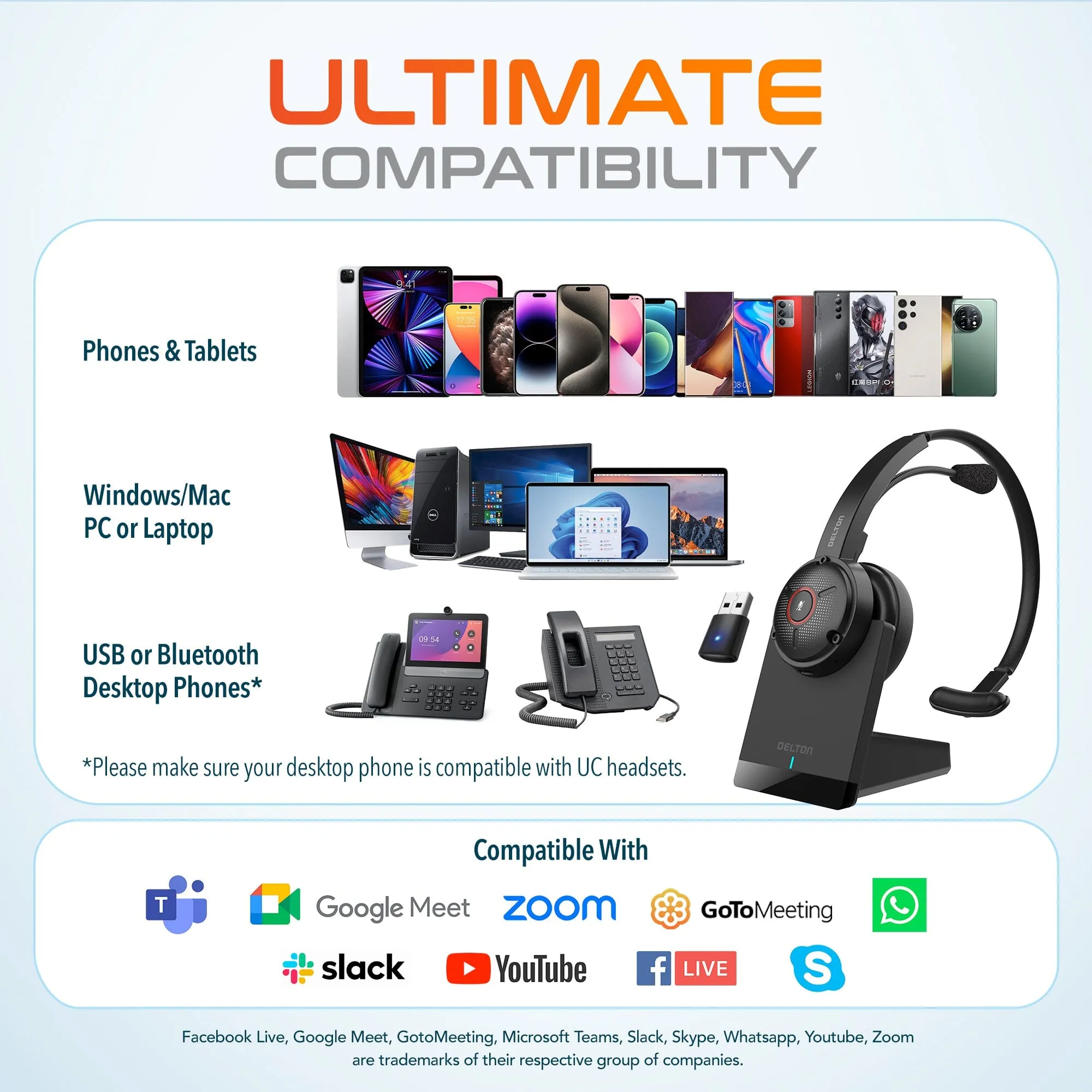 Delton 50X Noise Canceling Bluetooth or Auto Pair USB Dongle Headset with Charging Dock