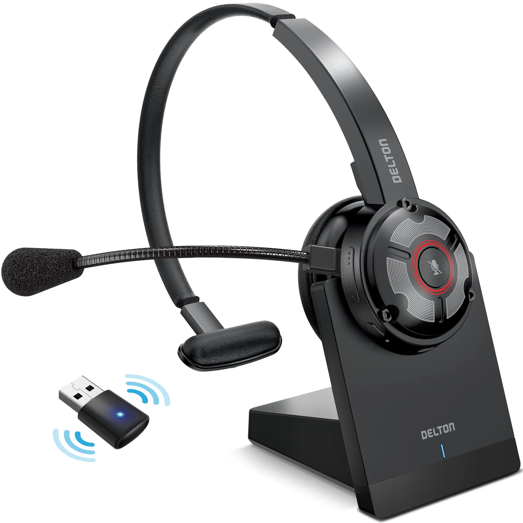 Delton 50X Noise Canceling Bluetooth or Auto Pair USB Dongle Headset with Charging Dock