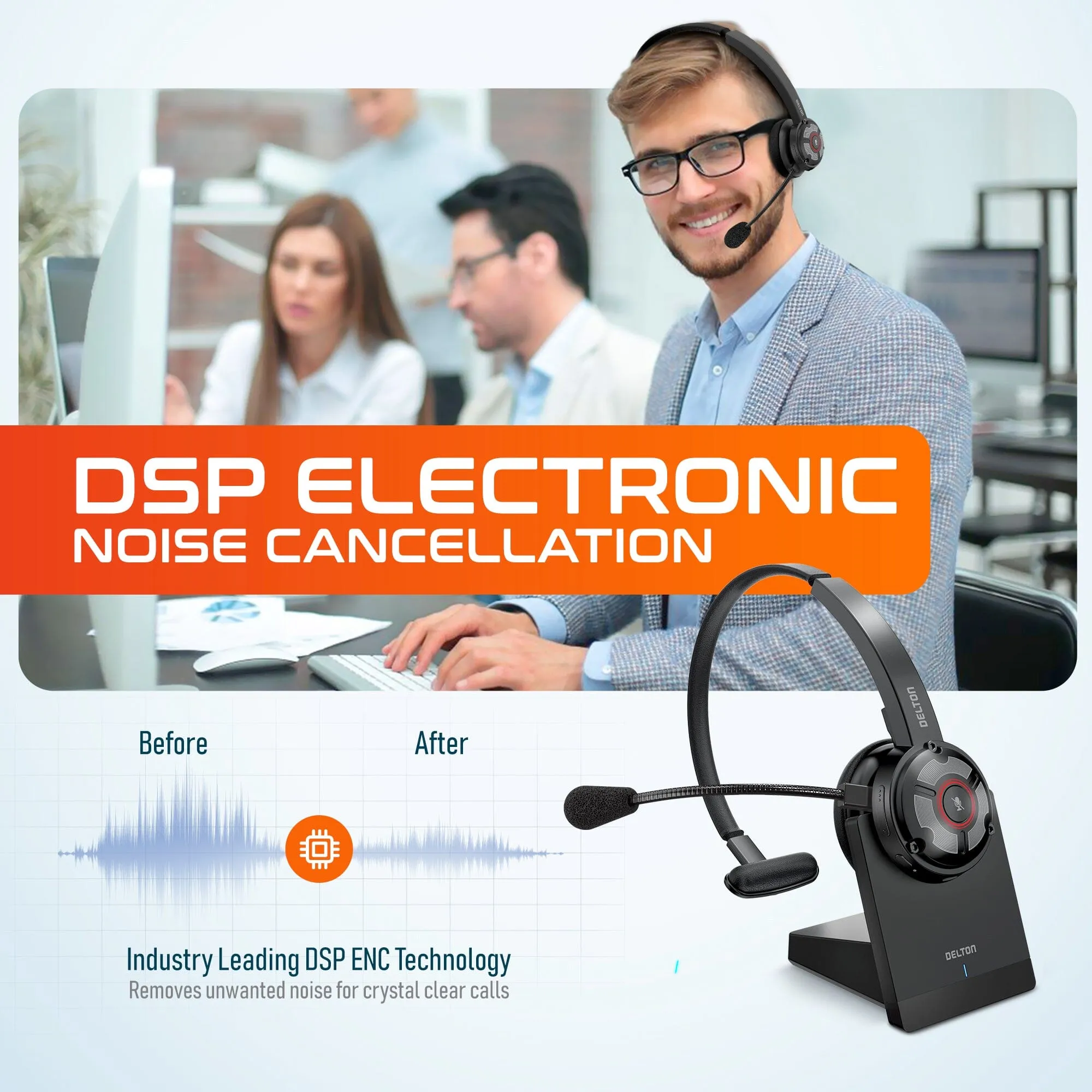 Delton 50X Noise Canceling Bluetooth or Auto Pair USB Dongle Headset with Charging Dock