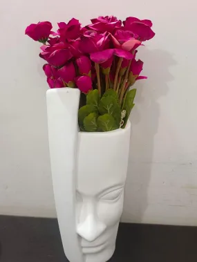 DN Enterprises Artificial Pink Rose Flower with Face Pot for Home Living Room Kitchen Decoration Gift Items(3Pc, 45cm) | Beautiful Flowers for Decoration Rose Flower Bunch with Vase
