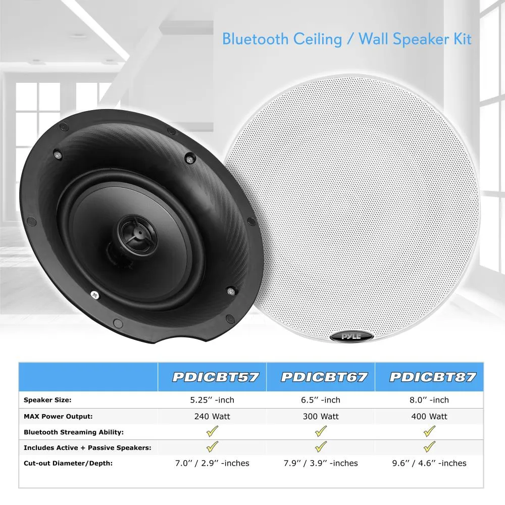 Dual 5.25’’ Bluetooth Ceiling / Wall Speaker Kit, (2) Flush Mount 2-Way Speakers, 240 Watt