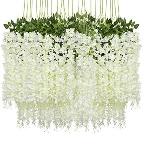 Fourwalls Beautiful Decorative Artificial Hanging Orchid Flower Vine for Home déco (110 cm Tall, Set of 6, White)