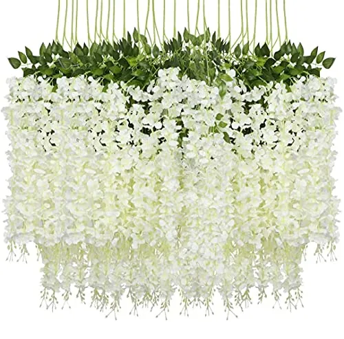 Fourwalls Beautiful Decorative Artificial Hanging Orchid Flower Vine for Home déco (110 cm Tall, Set of 6, White)