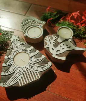 Handcrafted Wooden Christmas Tea Light Candle Holder- Set of 3