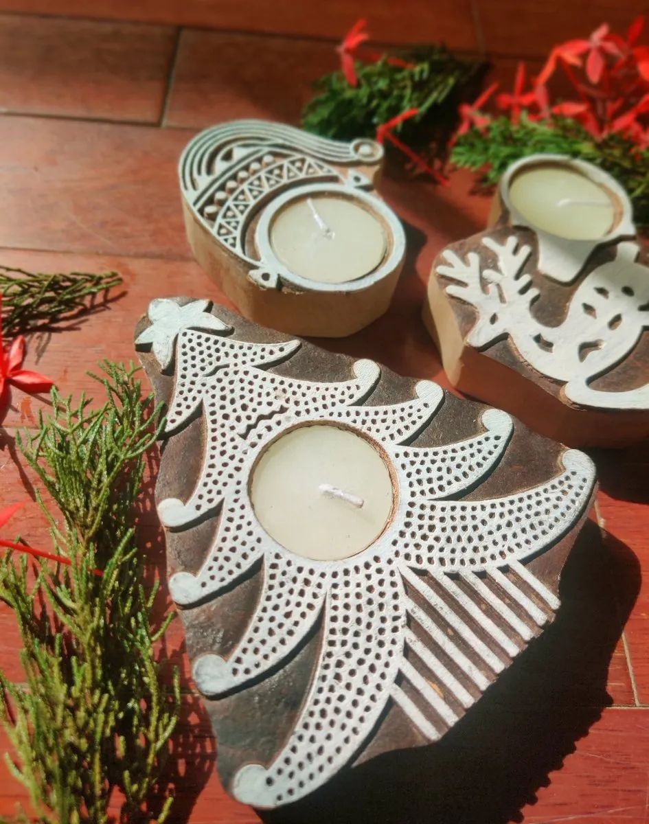 Handcrafted Wooden Christmas Tea Light Candle Holder- Set of 3