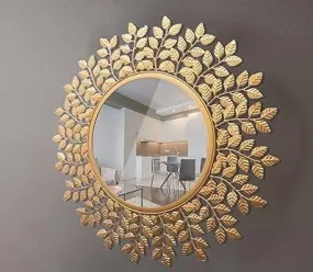 HOUSE DECORE Wall Mirror Wall Mirror with Chain Hanging Mirror Size 15 inch Gold Powder Coat Finish Designer Mirror Antique Mirror Pack of 01 (Leaf Mirror, Framed, Round)