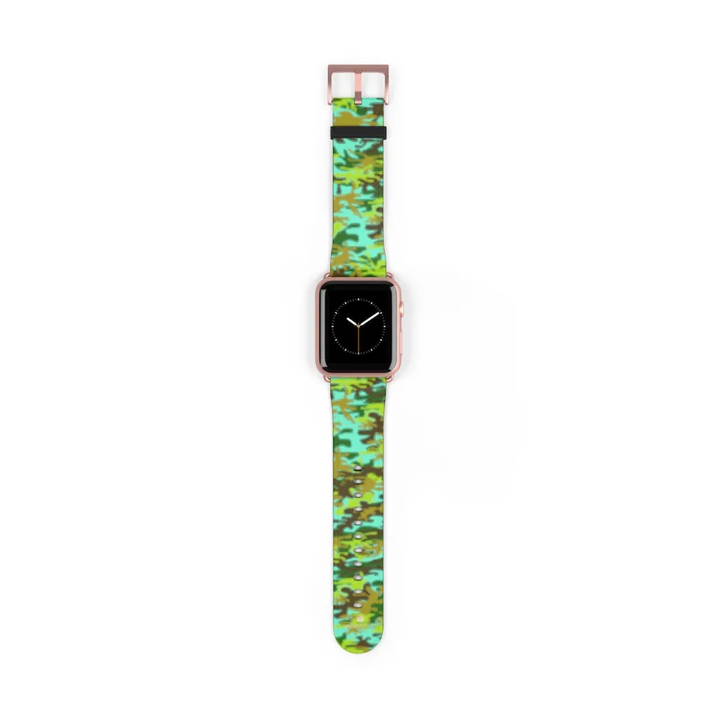 Light Blue Green Watch Band, Camo Print 38mm/ 42mm Watch Band For Apple Watches- Made in USA