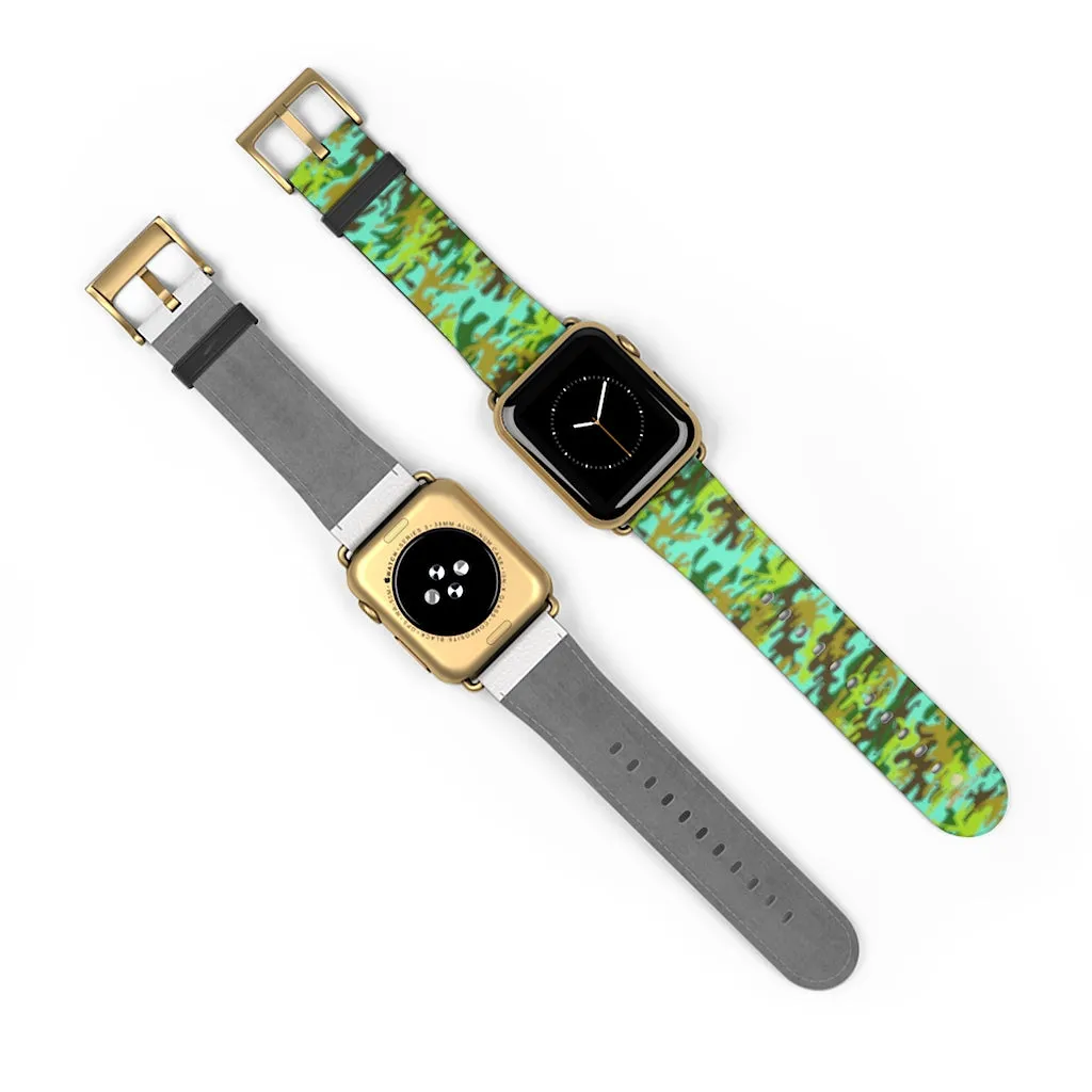 Light Blue Green Watch Band, Camo Print 38mm/ 42mm Watch Band For Apple Watches- Made in USA