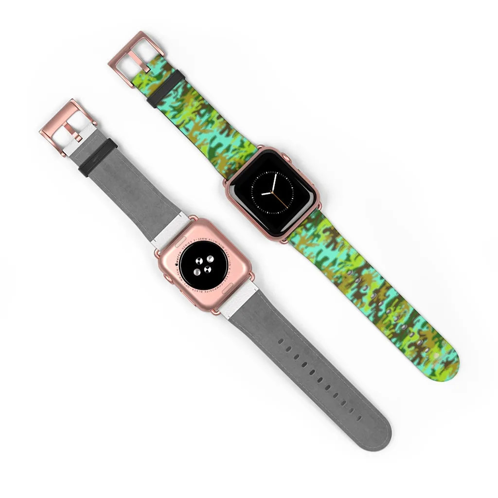 Light Blue Green Watch Band, Camo Print 38mm/ 42mm Watch Band For Apple Watches- Made in USA