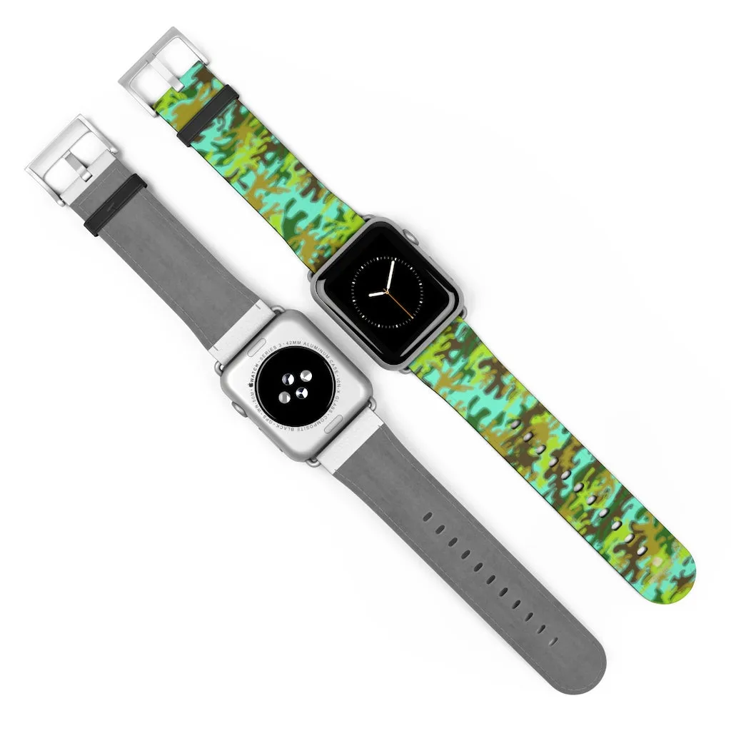 Light Blue Green Watch Band, Camo Print 38mm/ 42mm Watch Band For Apple Watches- Made in USA