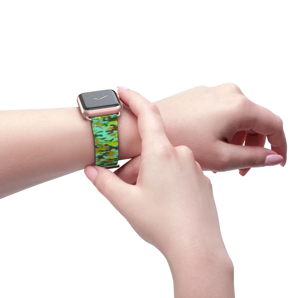Light Blue Green Watch Band, Camo Print 38mm/ 42mm Watch Band For Apple Watches- Made in USA