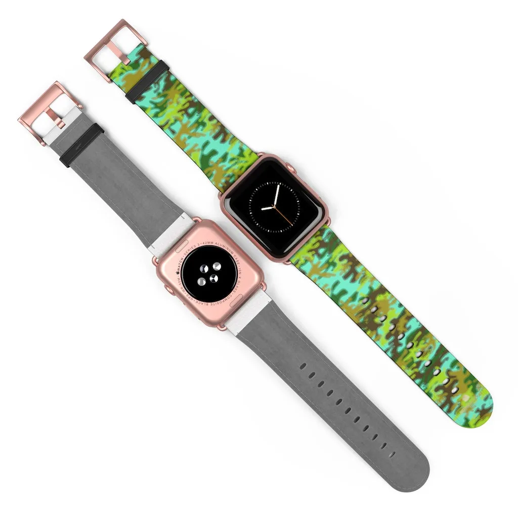 Light Blue Green Watch Band, Camo Print 38mm/ 42mm Watch Band For Apple Watches- Made in USA