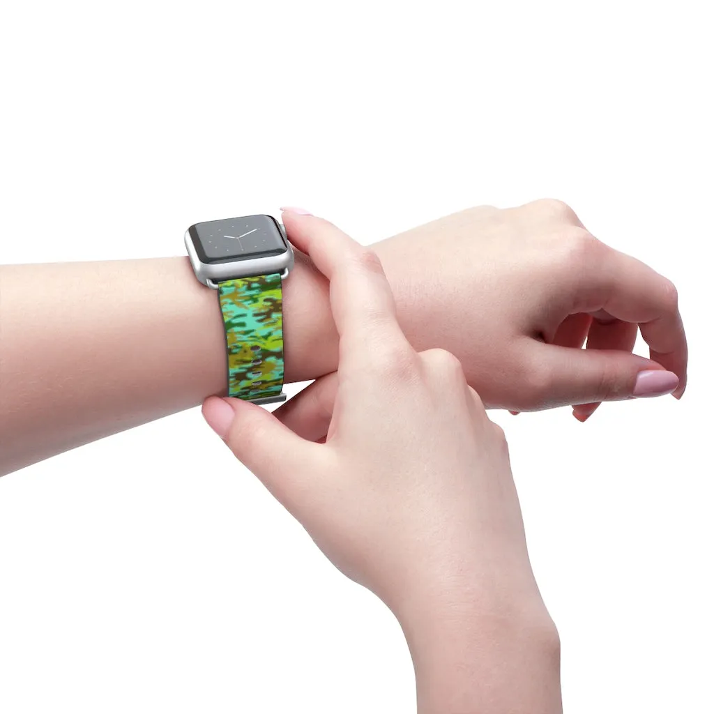 Light Blue Green Watch Band, Camo Print 38mm/ 42mm Watch Band For Apple Watches- Made in USA