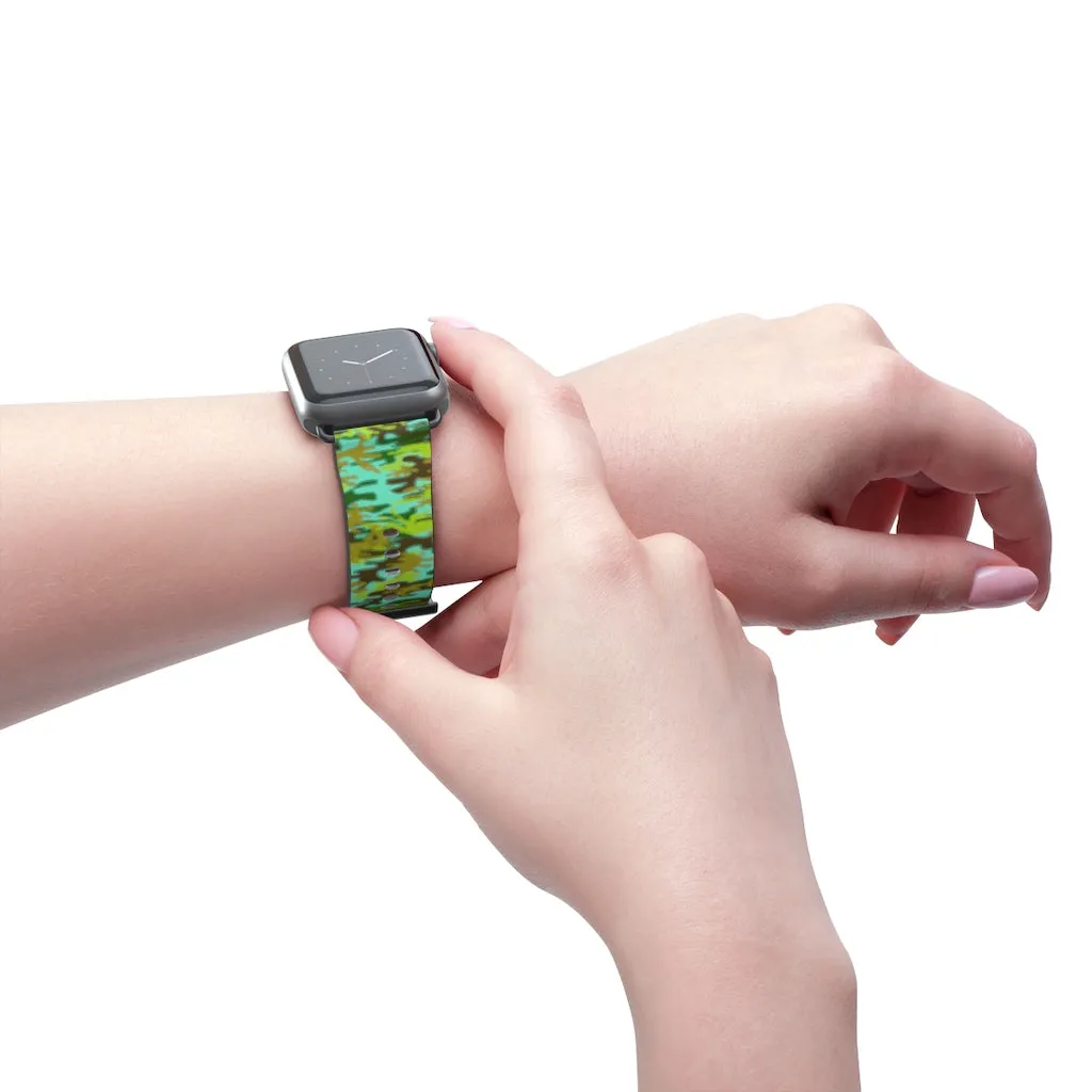 Light Blue Green Watch Band, Camo Print 38mm/ 42mm Watch Band For Apple Watches- Made in USA