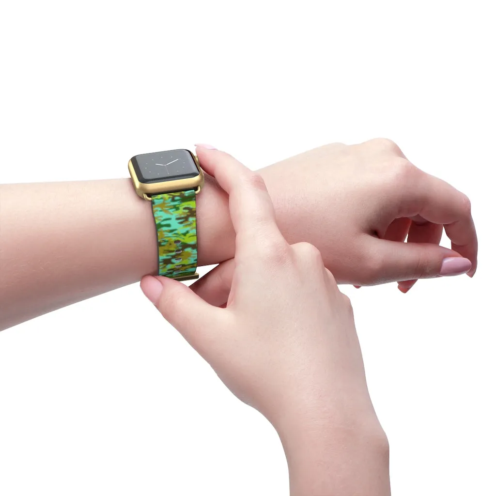 Light Blue Green Watch Band, Camo Print 38mm/ 42mm Watch Band For Apple Watches- Made in USA