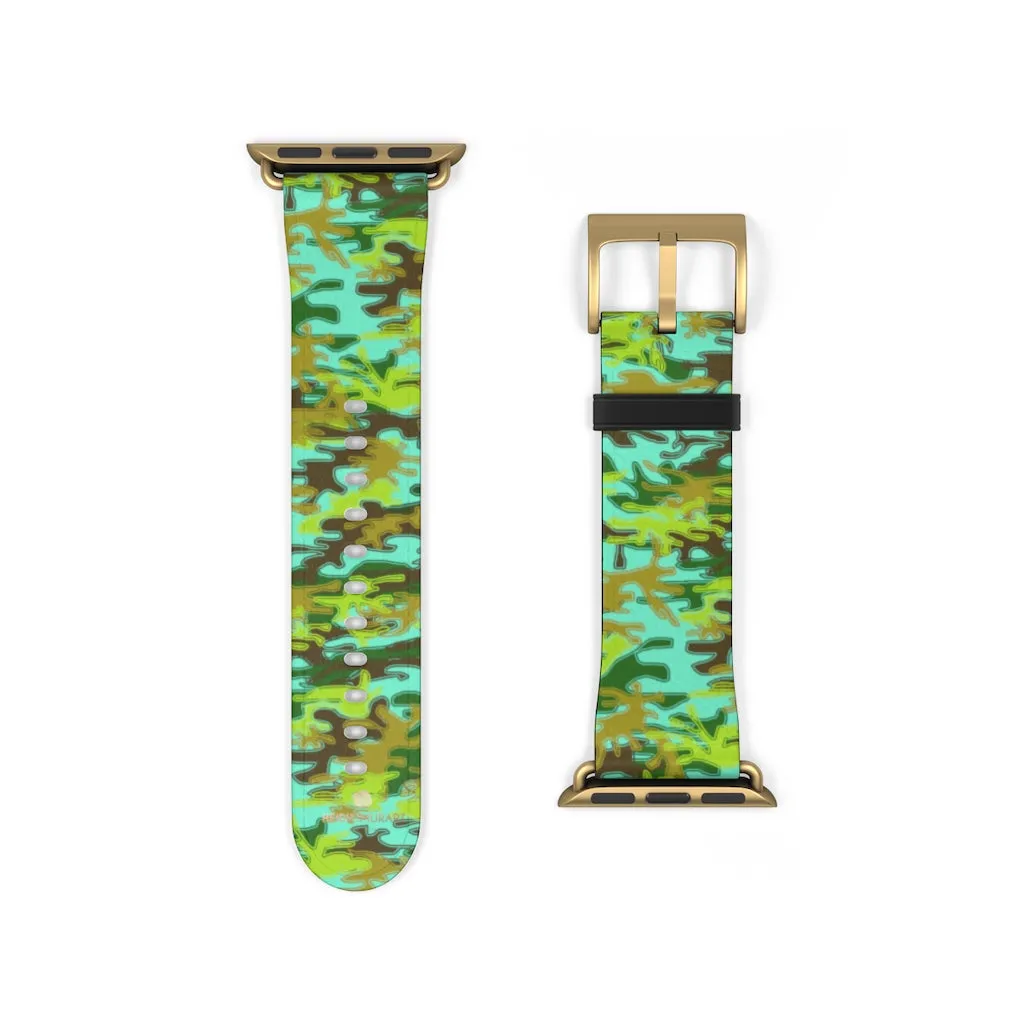 Light Blue Green Watch Band, Camo Print 38mm/ 42mm Watch Band For Apple Watches- Made in USA