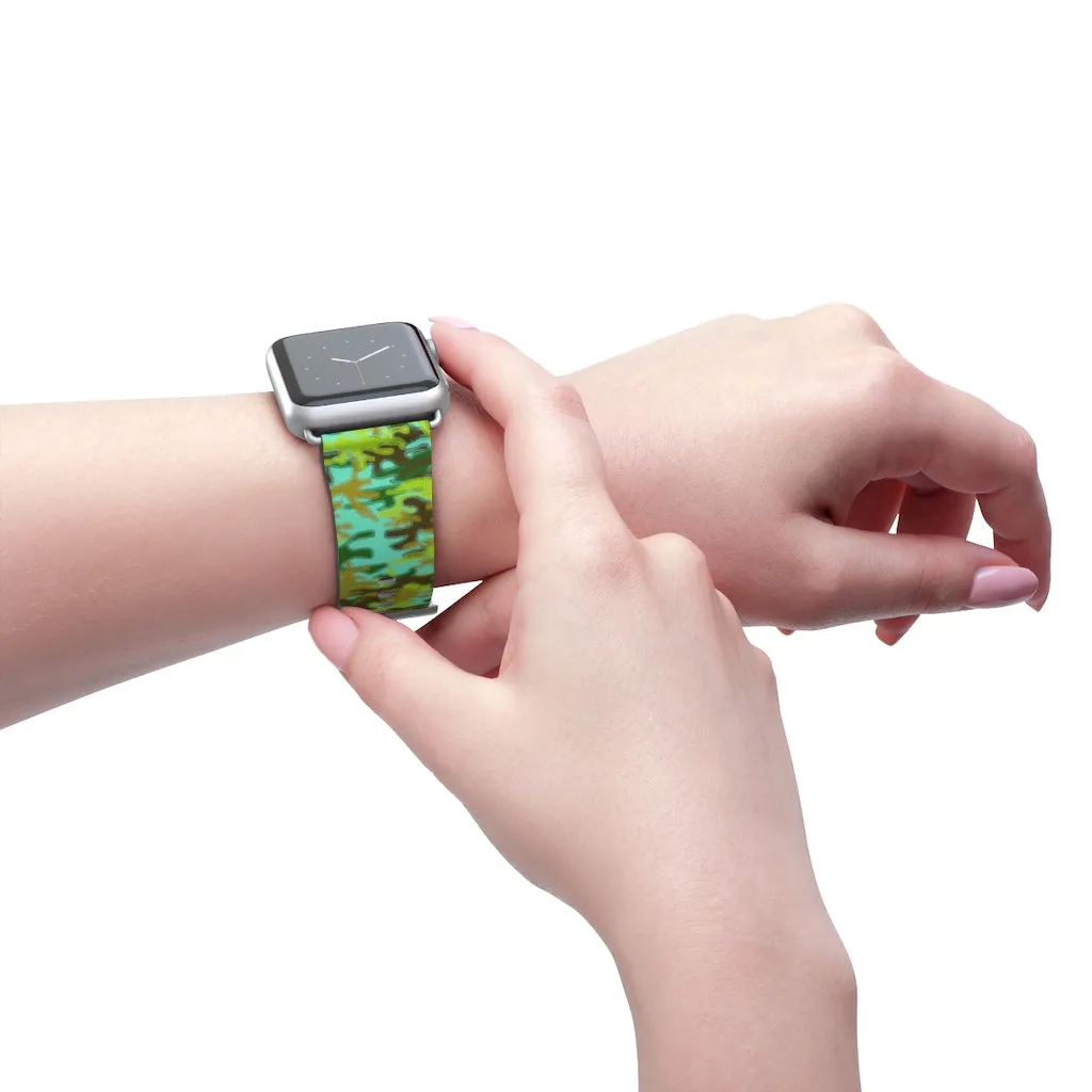 Light Blue Green Watch Band, Camo Print 38mm/ 42mm Watch Band For Apple Watches- Made in USA
