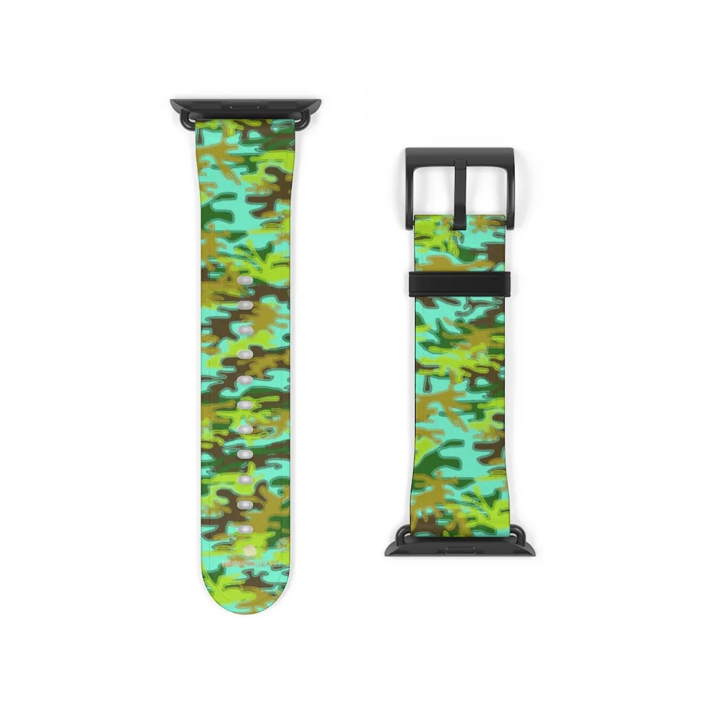 Light Blue Green Watch Band, Camo Print 38mm/ 42mm Watch Band For Apple Watches- Made in USA