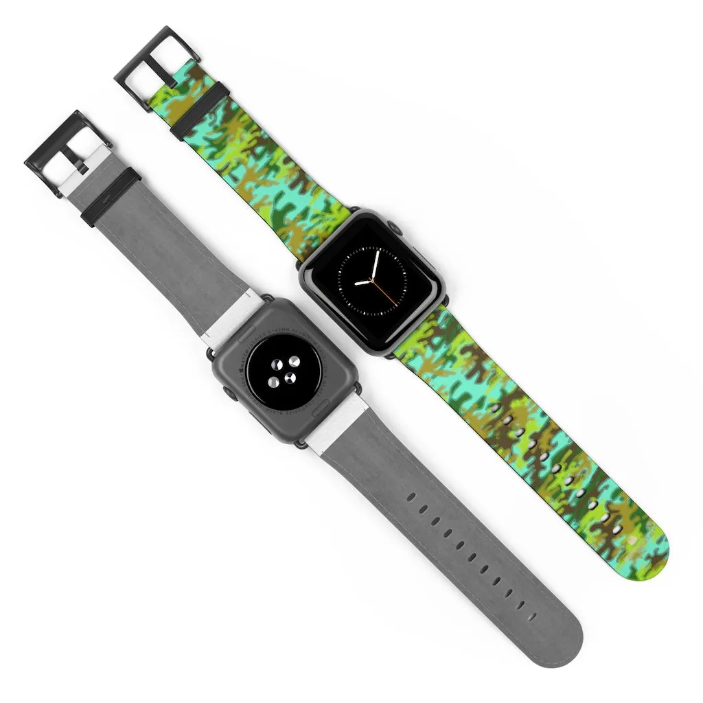 Light Blue Green Watch Band, Camo Print 38mm/ 42mm Watch Band For Apple Watches- Made in USA