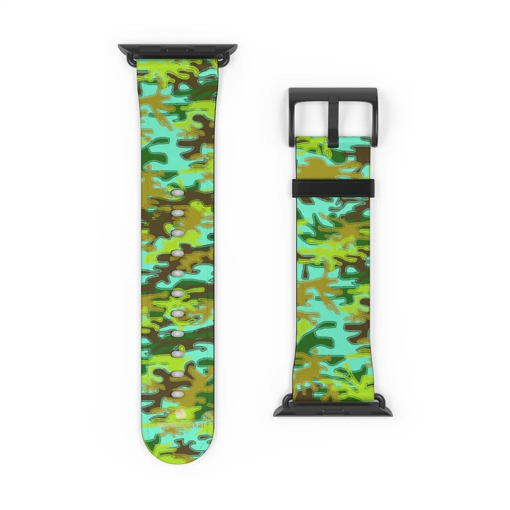 Light Blue Green Watch Band, Camo Print 38mm/ 42mm Watch Band For Apple Watches- Made in USA