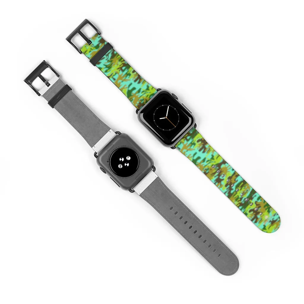 Light Blue Green Watch Band, Camo Print 38mm/ 42mm Watch Band For Apple Watches- Made in USA