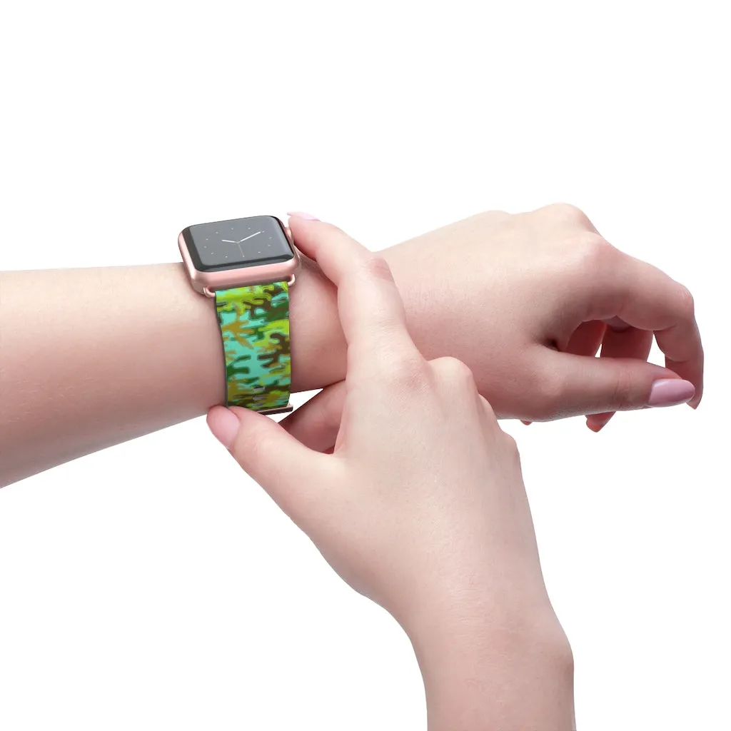 Light Blue Green Watch Band, Camo Print 38mm/ 42mm Watch Band For Apple Watches- Made in USA