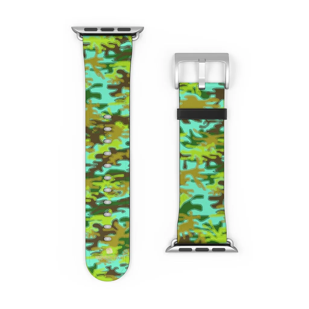 Light Blue Green Watch Band, Camo Print 38mm/ 42mm Watch Band For Apple Watches- Made in USA