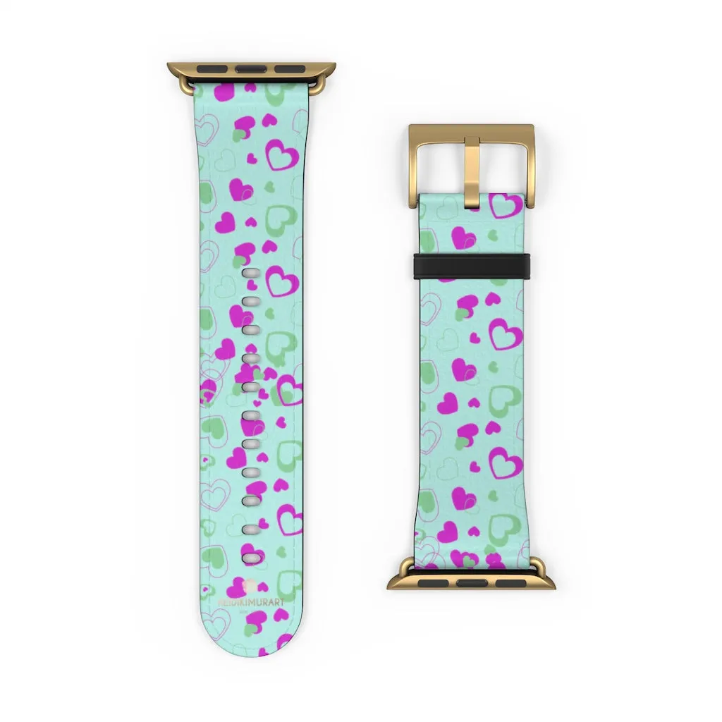 Light Blue Pink Hearts Shaped Print Premium 38mm/ 42mm Watch Band- Made in USA