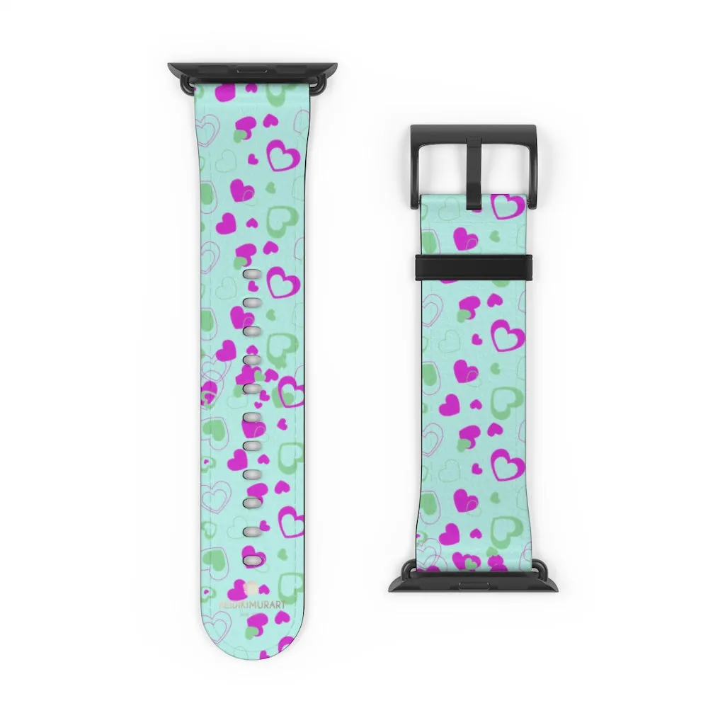 Light Blue Pink Hearts Shaped Print Premium 38mm/ 42mm Watch Band- Made in USA