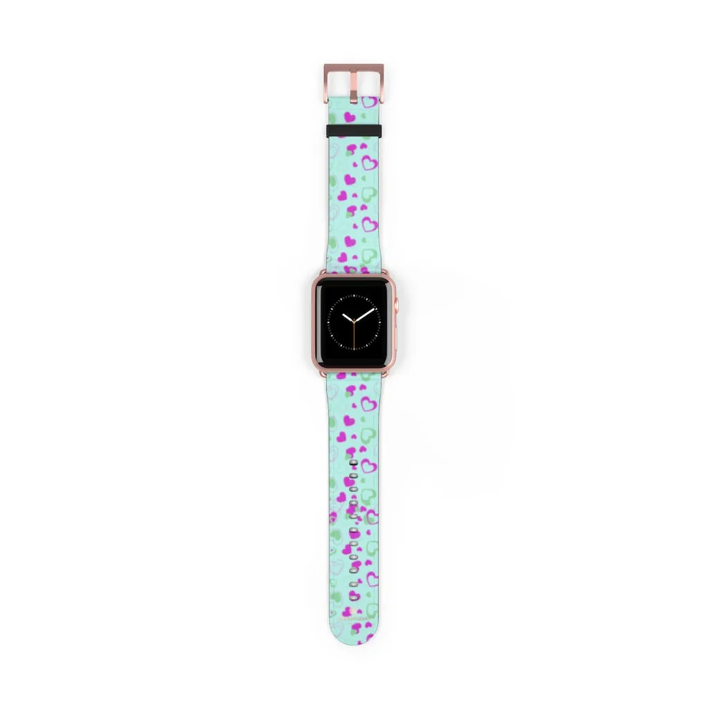 Light Blue Pink Hearts Shaped Print Premium 38mm/ 42mm Watch Band- Made in USA