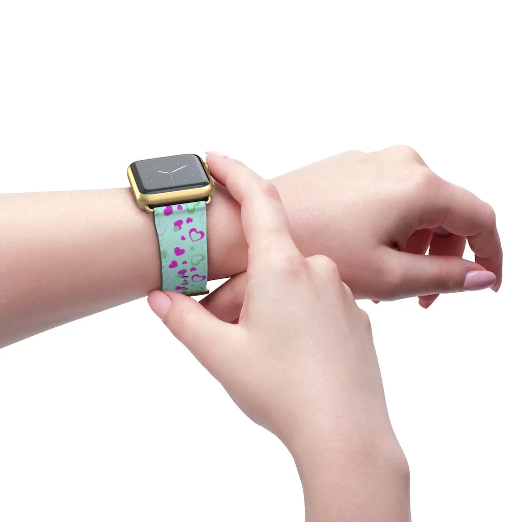 Light Blue Pink Hearts Shaped Print Premium 38mm/ 42mm Watch Band- Made in USA
