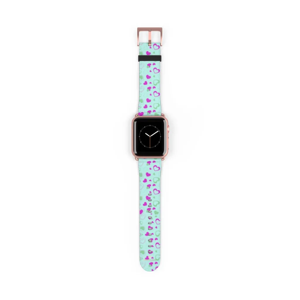 Light Blue Pink Hearts Shaped Print Premium 38mm/ 42mm Watch Band- Made in USA