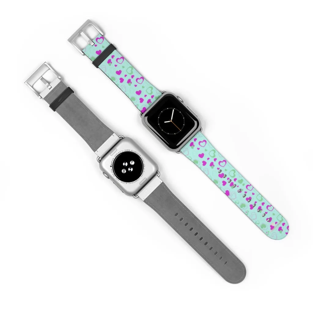 Light Blue Pink Hearts Shaped Print Premium 38mm/ 42mm Watch Band- Made in USA