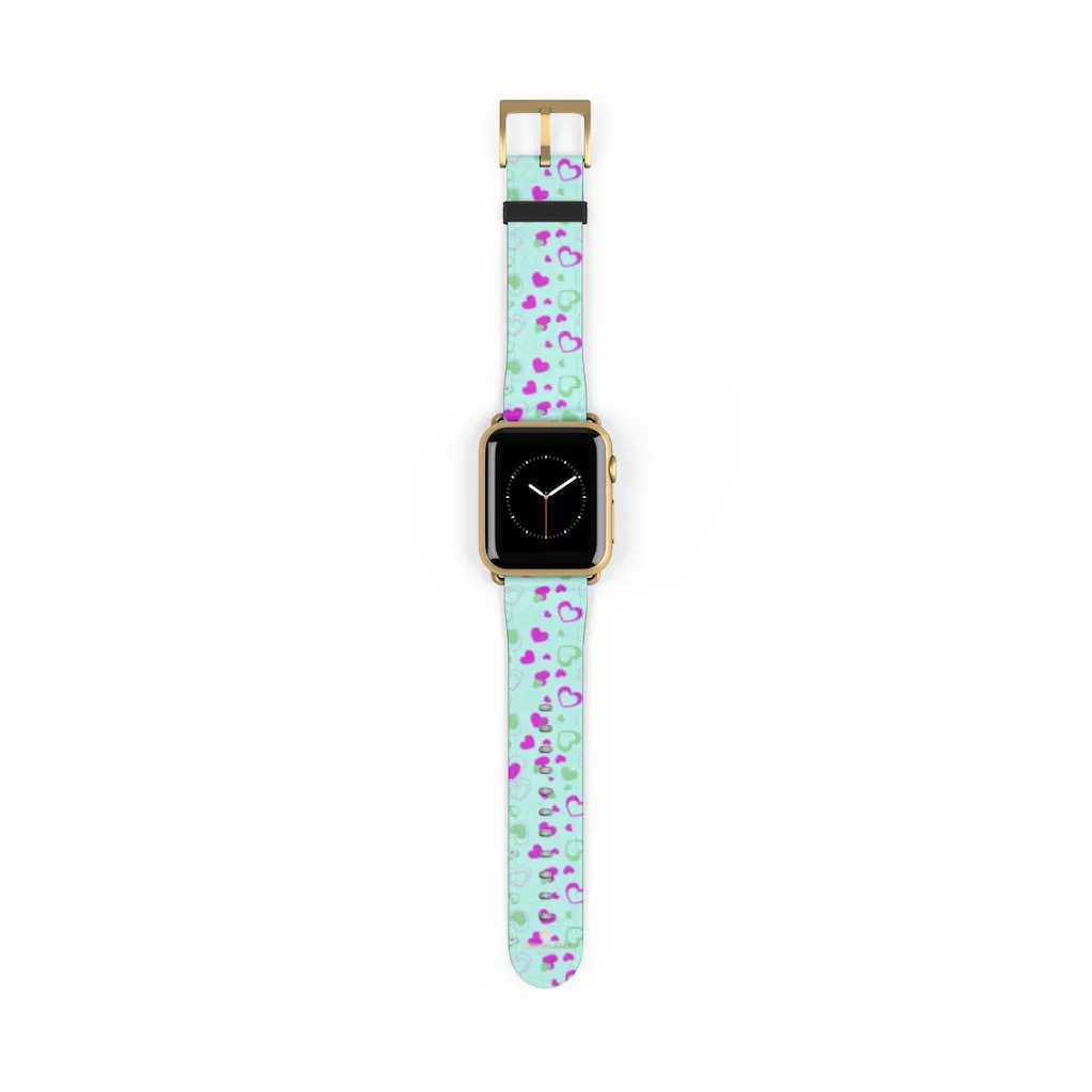 Light Blue Pink Hearts Shaped Print Premium 38mm/ 42mm Watch Band- Made in USA