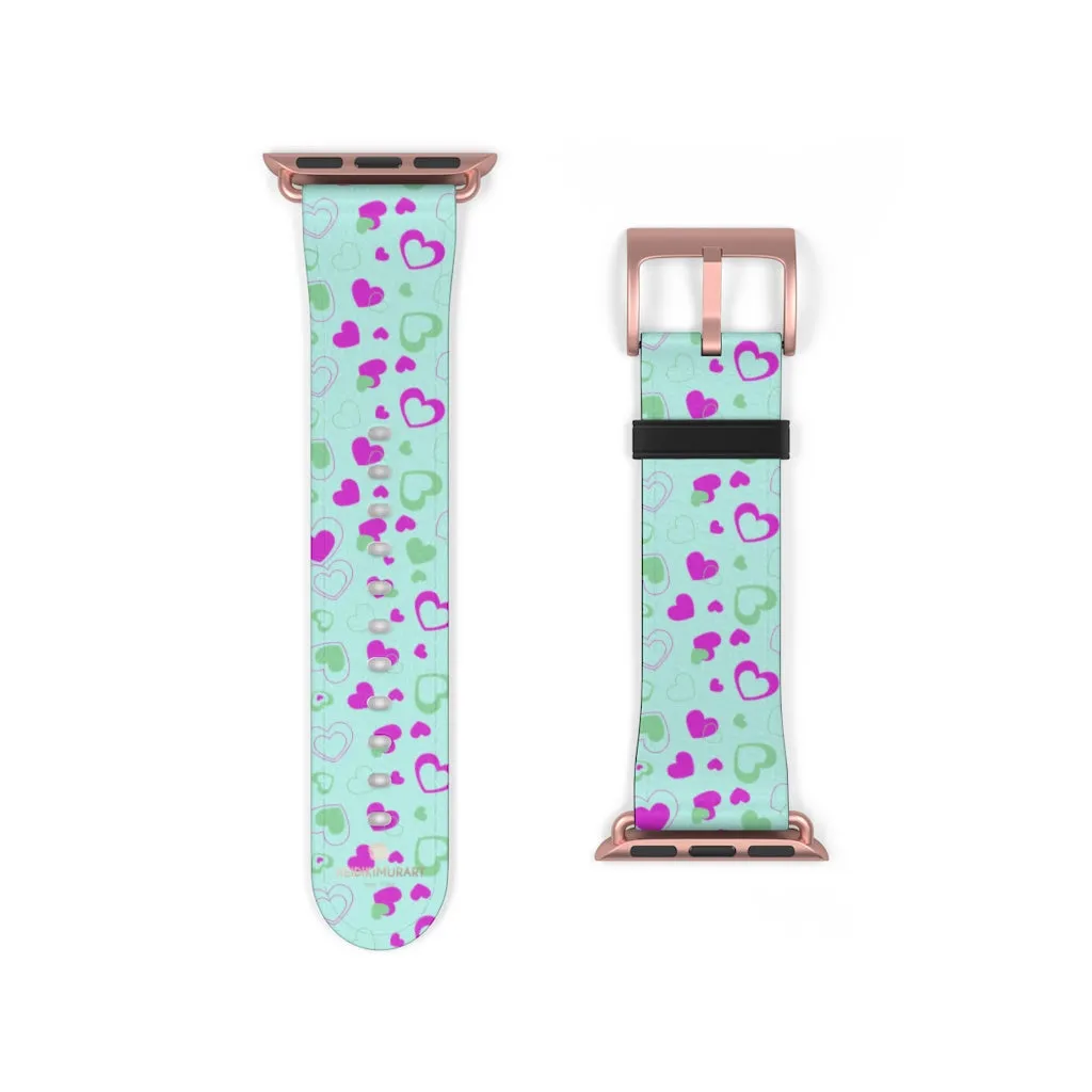 Light Blue Pink Hearts Shaped Print Premium 38mm/ 42mm Watch Band- Made in USA