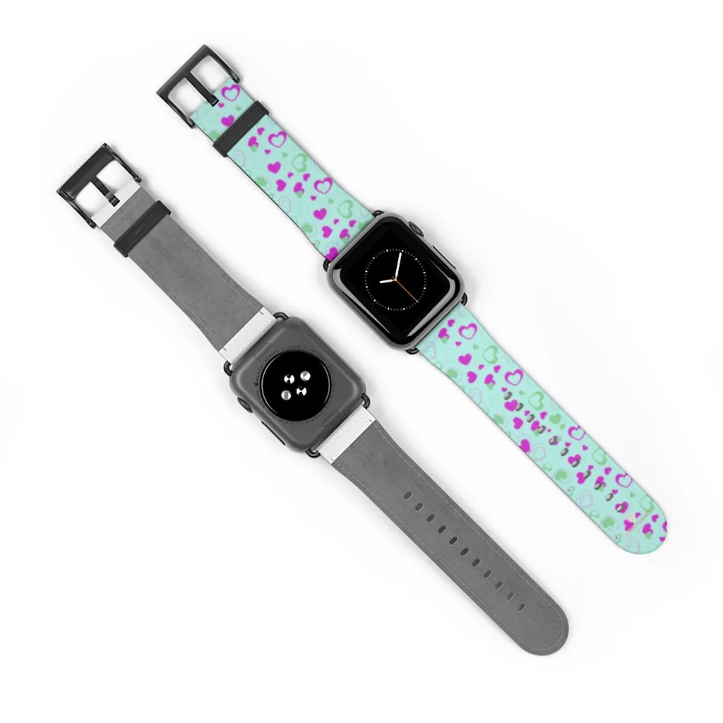 Light Blue Pink Hearts Shaped Print Premium 38mm/ 42mm Watch Band- Made in USA