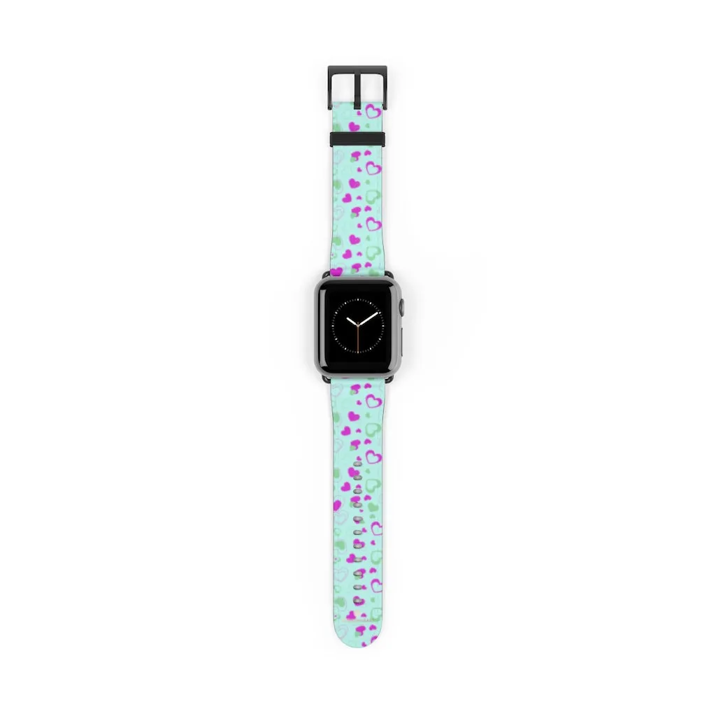 Light Blue Pink Hearts Shaped Print Premium 38mm/ 42mm Watch Band- Made in USA