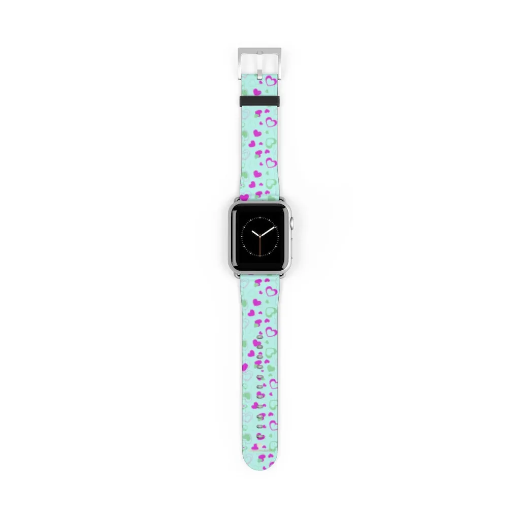 Light Blue Pink Hearts Shaped Print Premium 38mm/ 42mm Watch Band- Made in USA