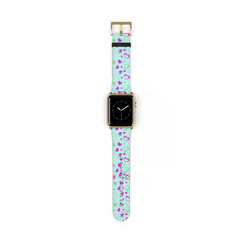 Light Blue Pink Hearts Shaped Print Premium 38mm/ 42mm Watch Band- Made in USA